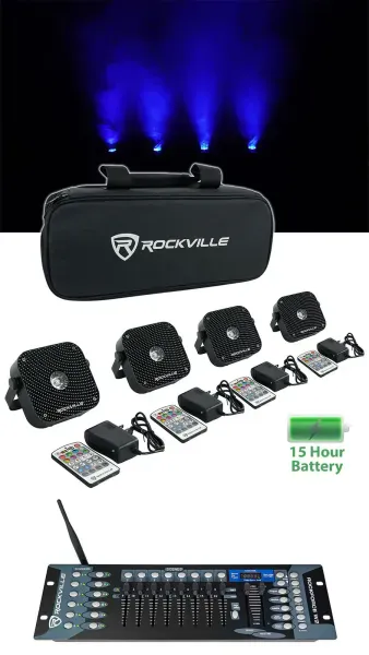 Rockville 4 PACK MINI RF1 V2 Black Up Lights+Bag+Remote+Wireless DMX Controller