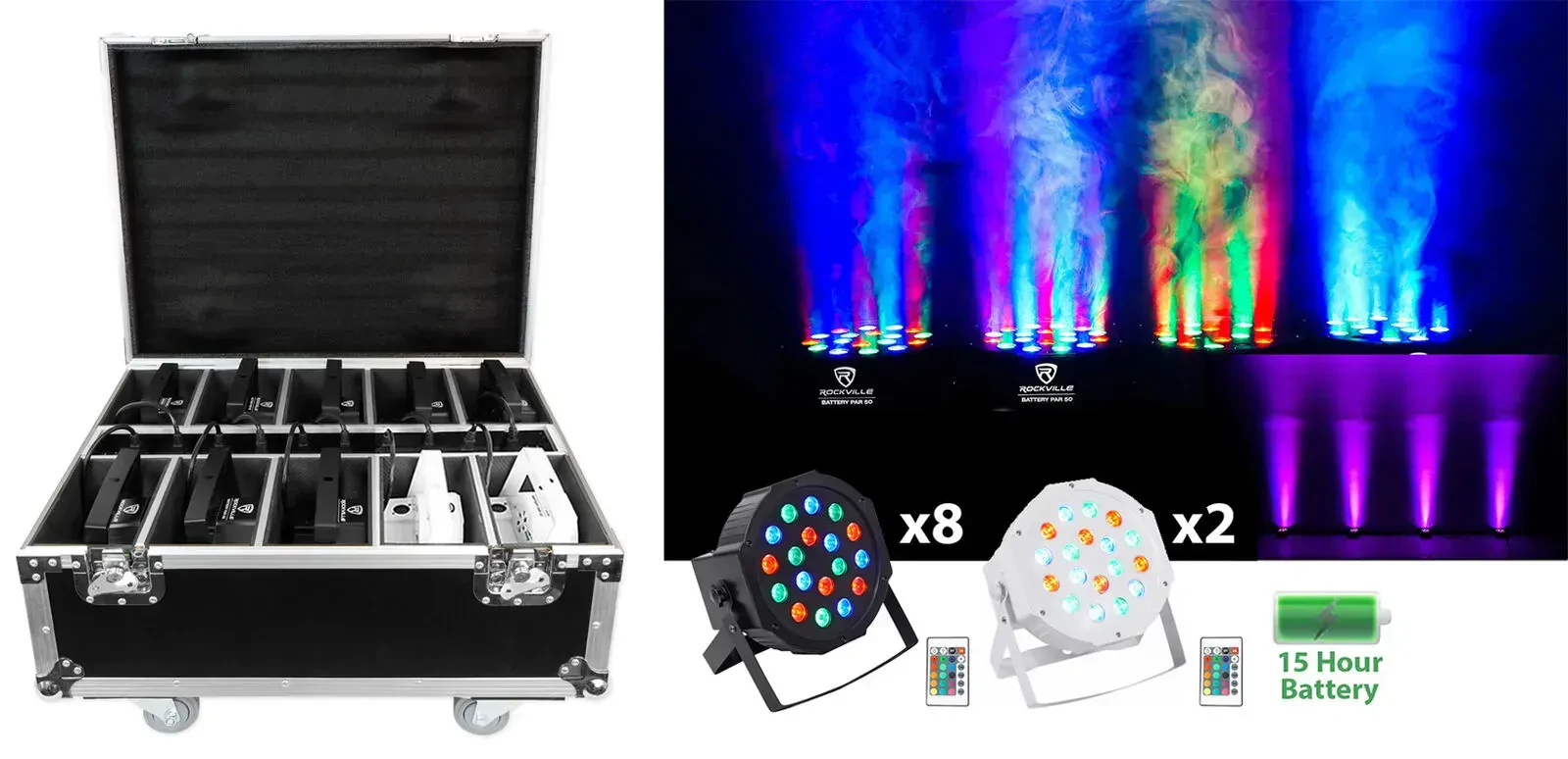 Комплект светового оборудования Rockville (8) BATTERY PAR 50+(2) WHITE Pack