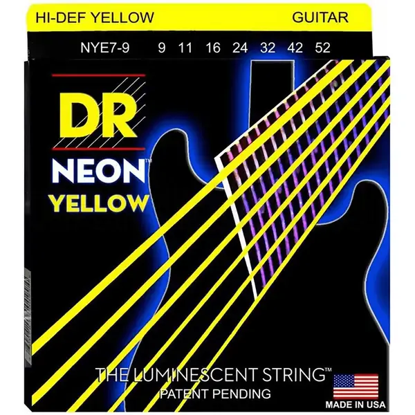 Струны для 7-струнной электрогитары DR Strings NYE7-9 Neon Yellow 9-52