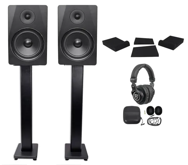 2) Rockville DPM8B 8" 600w Dual Studio Monitors+36" Stands+Pads+Headphones