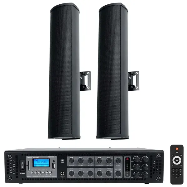 Rockville RCS180-6 70v Commercial Bluetooth Amplifier + (2) Line Array Speakers