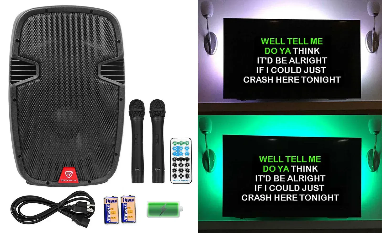 Караоке-система портативная Rockville RAM12BT+LEDT5 KAR 12", 2 беспроводных микрофона, LED-подсветка