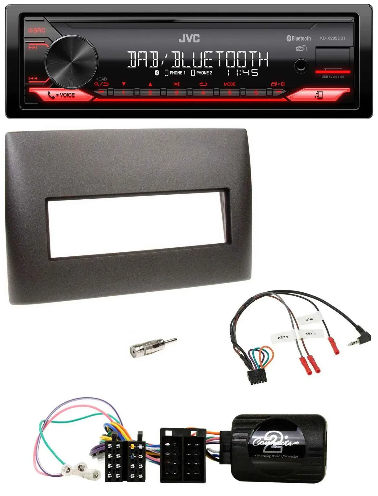 Автомагнитола JVC Bluetooth USB DAB для Fiat Stilo 2001–2007 черная с поддержкой кнопок на руле