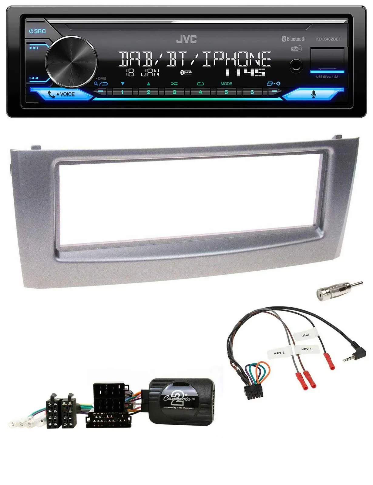 JVC Bluetooth DAB USB Lenkrad Autoradio für Fiat Grande Punto 2006-2010 grau