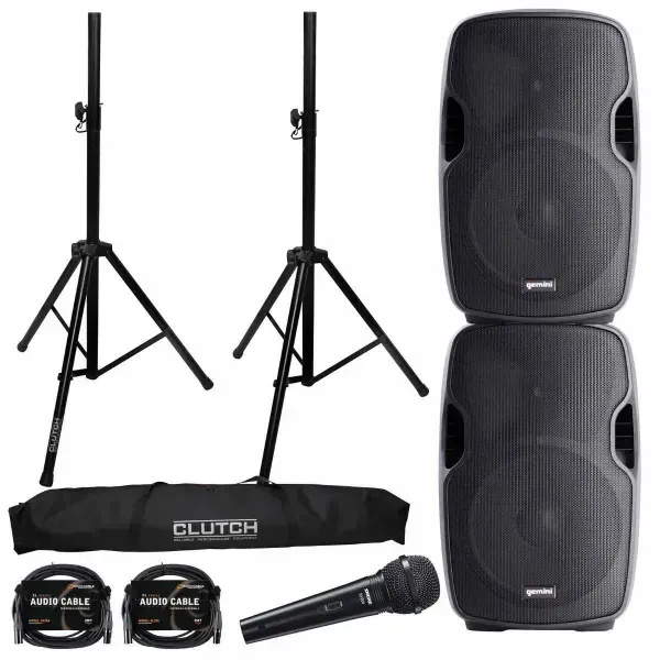 Gemini AS-1500P 15" Active Speakers with Stands and Microphone