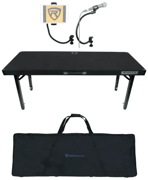 Rockville RTBL4 Adjustable DJ Table Folding Legs+Bag+Gooseneck Tablet+Mic Stands