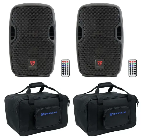 (2) Rockville BPA8 8" 600w DJ PA Speakers w Bluetooth+Weather proof Carry Bags