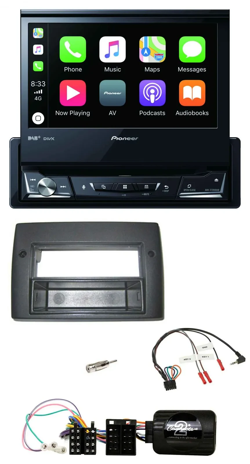 Автомагнитола Pioneer DVD, Bluetooth, DAB, USB для Fiat Stilo 2001–2007 с поддержкой кнопок на руле (набор)