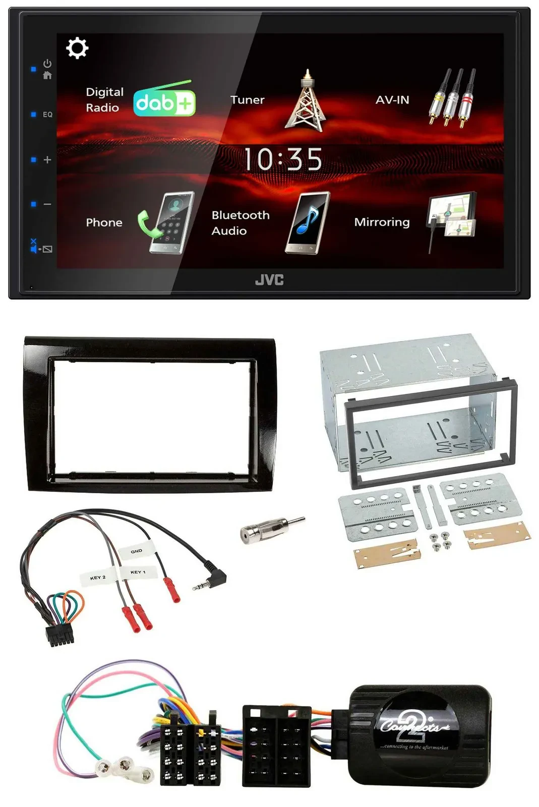 Автомагнитола для Fiat Bravo 2007–2014 JVC 2DIN, DAB, Bluetooth, USB, поддержка управления на руле