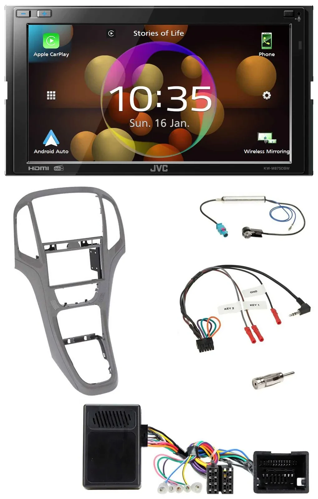 Автомагнитола JVC 2DIN, DAB, Bluetooth, USB, для Opel Astra J (с 2009), титан-серый