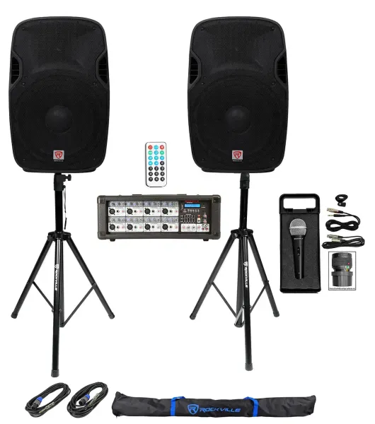 2) Rockville SPGN158 15" 1600W DJ PA Speakers+Powered Bluetooth Mixer+Stands+Mic