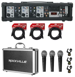 Rockville RPM47 1800 Watt Powered 5-Channel Mixer/Amplifier+(3) Mics+Case+Cables