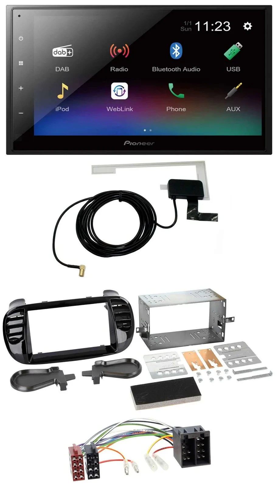 Pioneer DAB MP3 Bluetooth 2DIN USB Autoradio für Fiat 500 bis 2012 glänzend schw