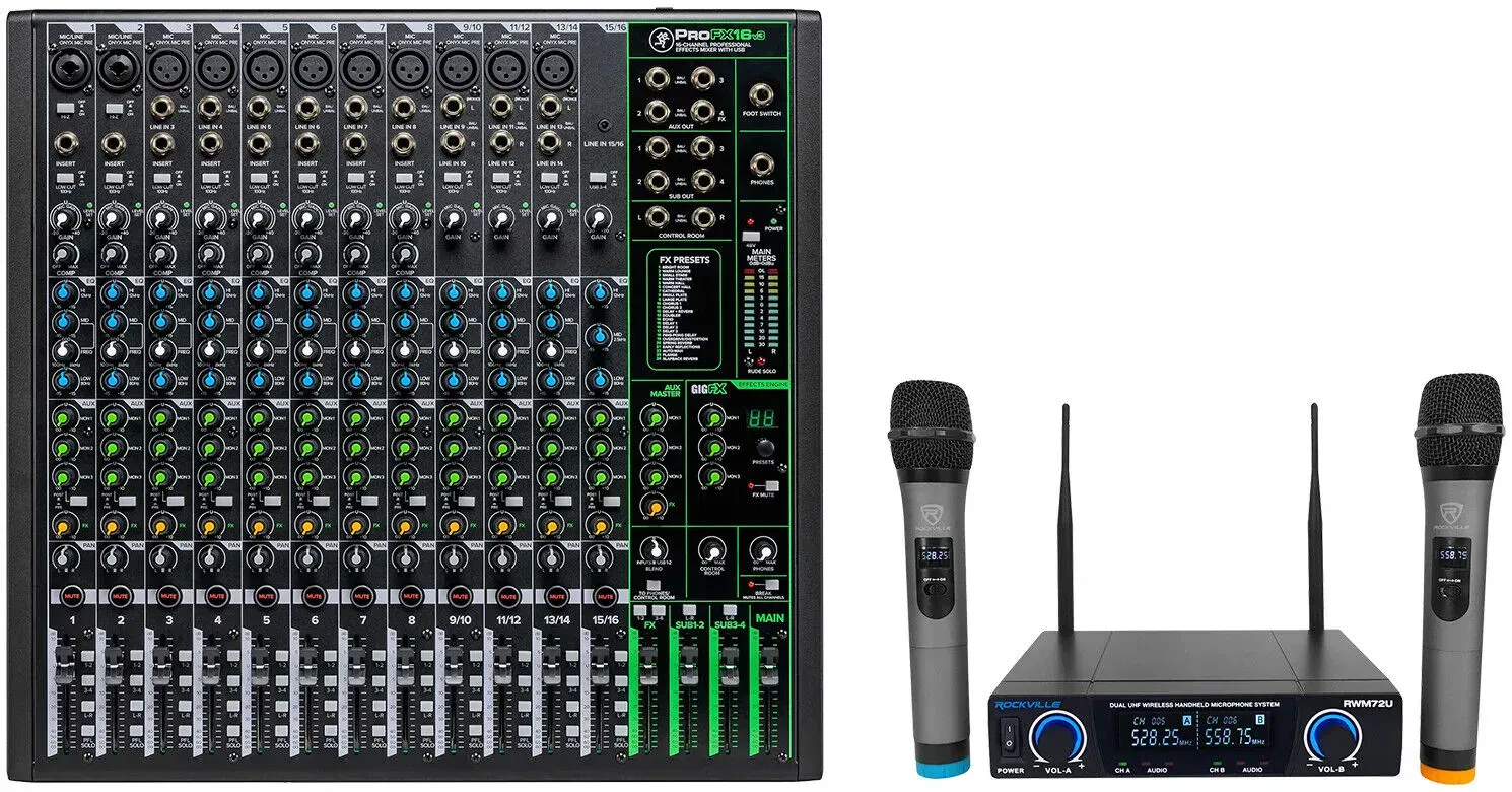 Микшерный пульт Mackie ProFX16v3 16-Channel 4-Bus, USB (набор) с двумя беспроводными UHF микрофонами