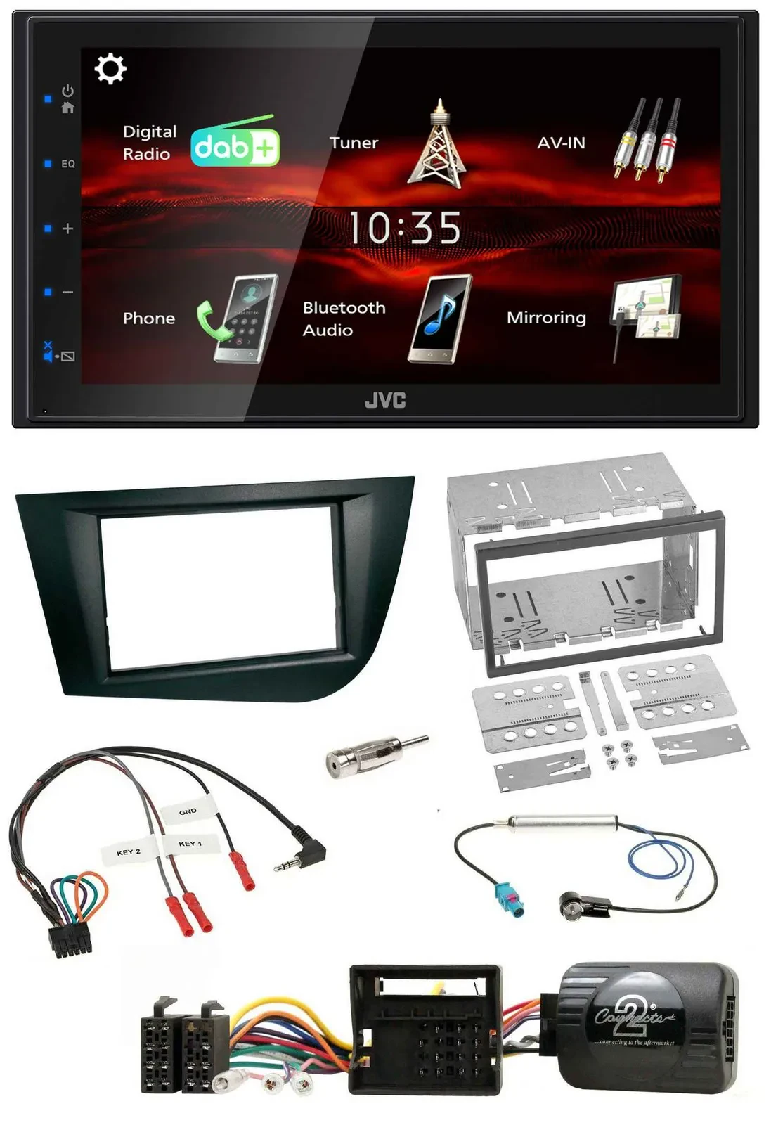 Автомагнитола JVC 2-DIN USB Bluetooth DAB для Seat Leon (2005–2009) черная