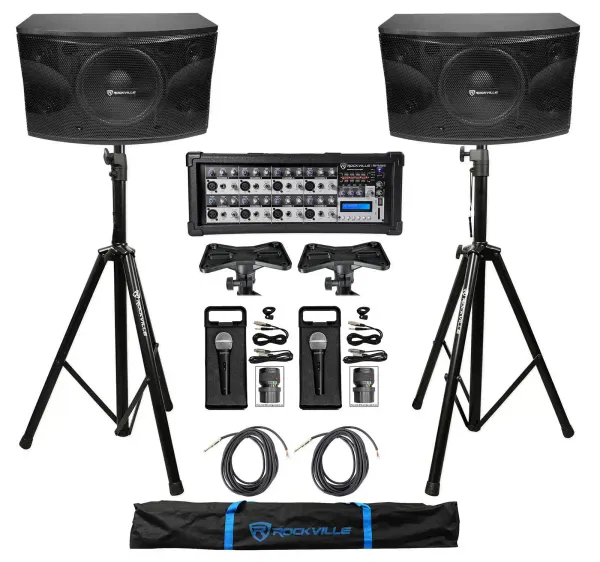 2) Rockville KPS12 12" 3-Way 1600w Karaoke Speakers+Mixer+Tripod Stands+(2) Mics