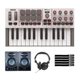 Akai Professional MPK Mini 4 White Keyboard w Monitor Speakers & Headphones