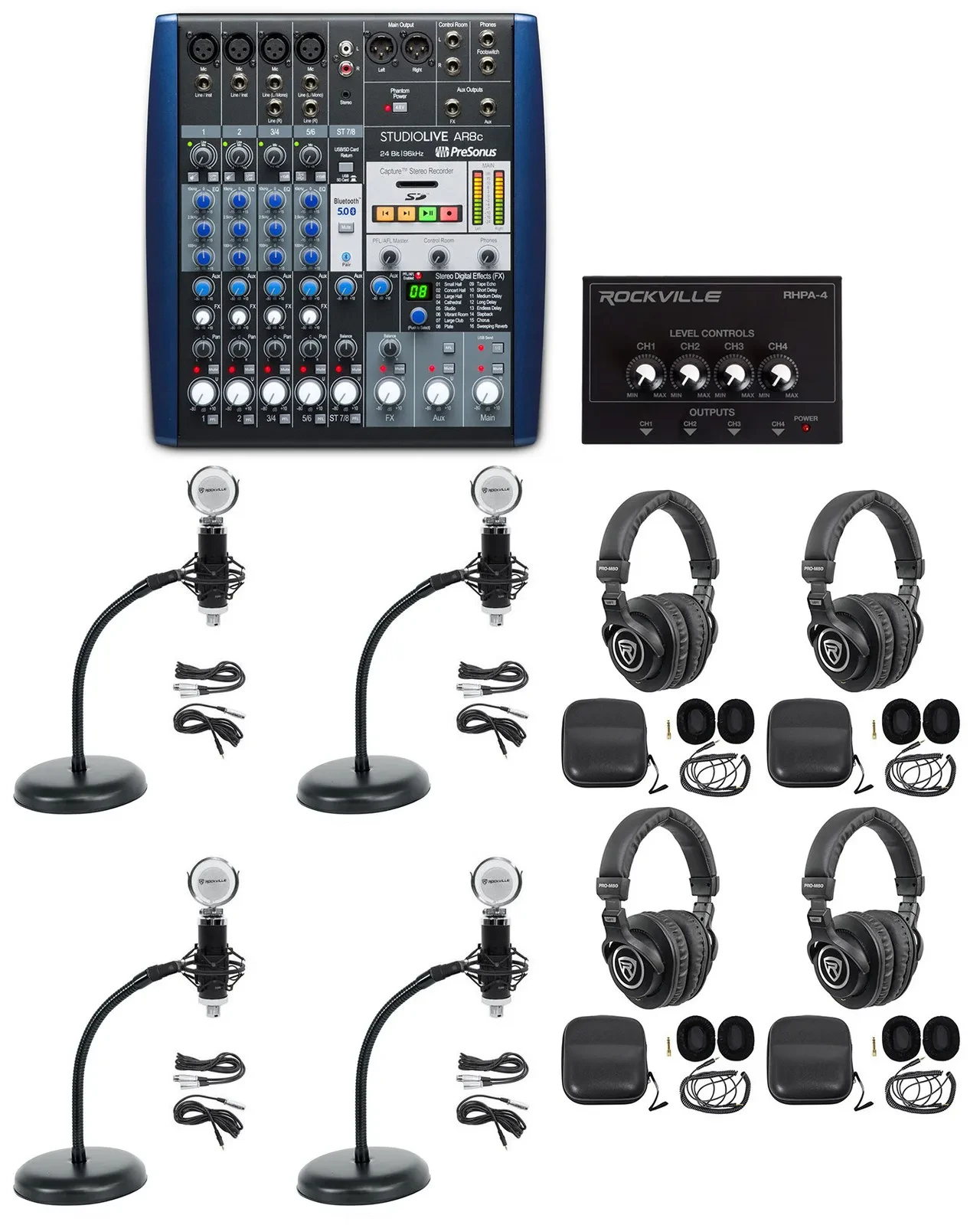 Микшер для стриминга PreSonus AR8 Podcasting Studio Bundle 8-канальный (набор) с микрофонами, наушниками и стойками с гусиной шеей