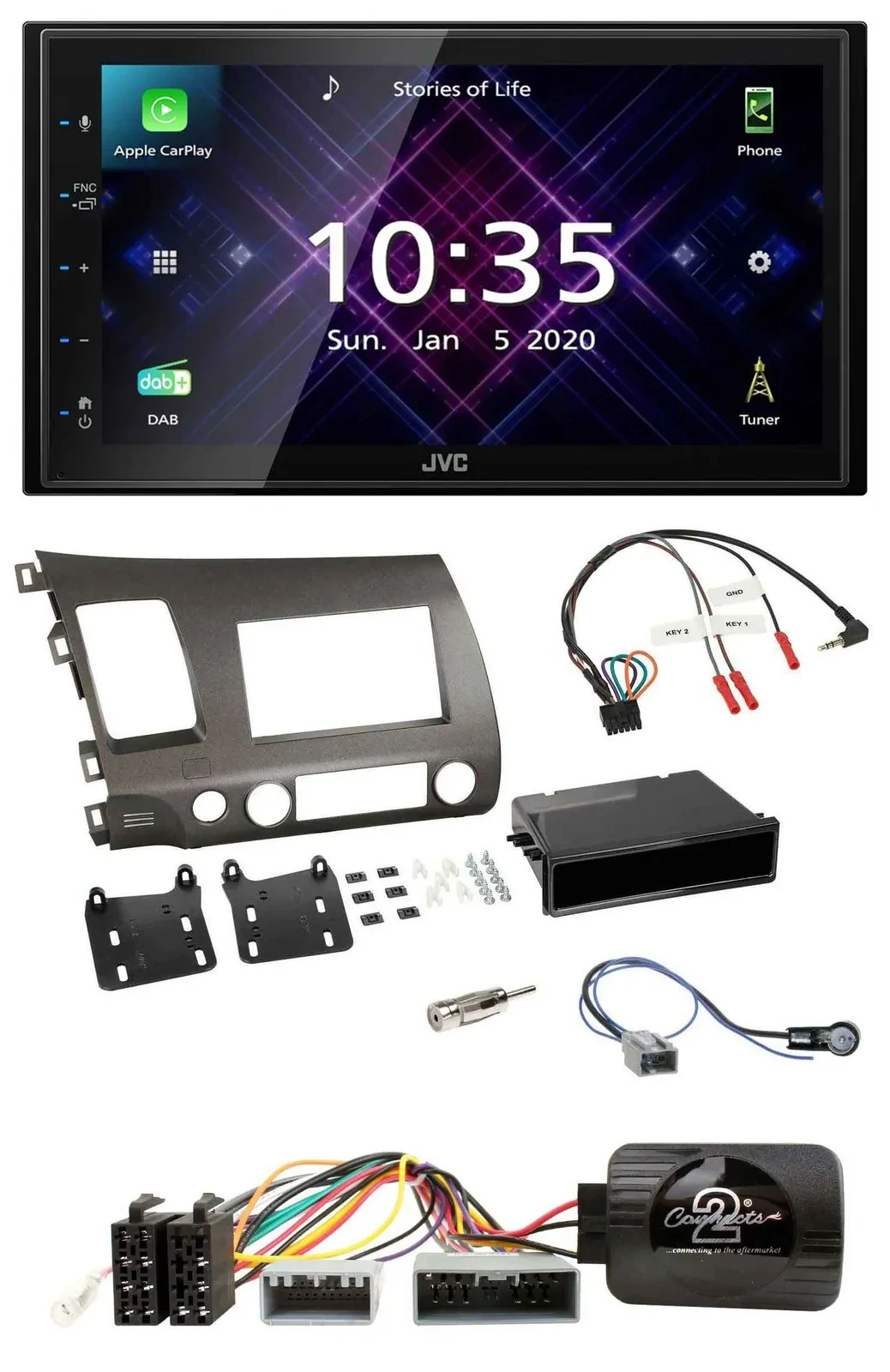 Автомагнитола для Honda Civic 06–10 Hybrid JVC 2DIN, DAB, Bluetooth, USB, антрацит