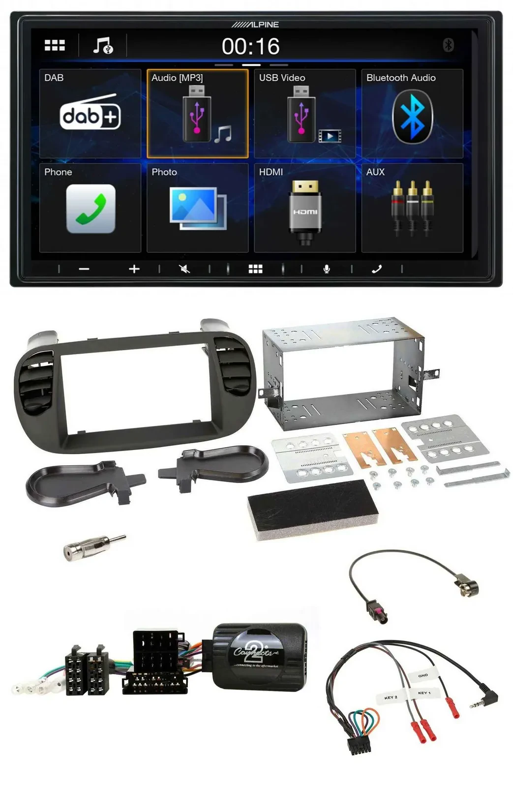 Alpine Bluetooth 2DIN Lenkrad DAB USB Autoradio für Fiat 500 08-15 soft touch