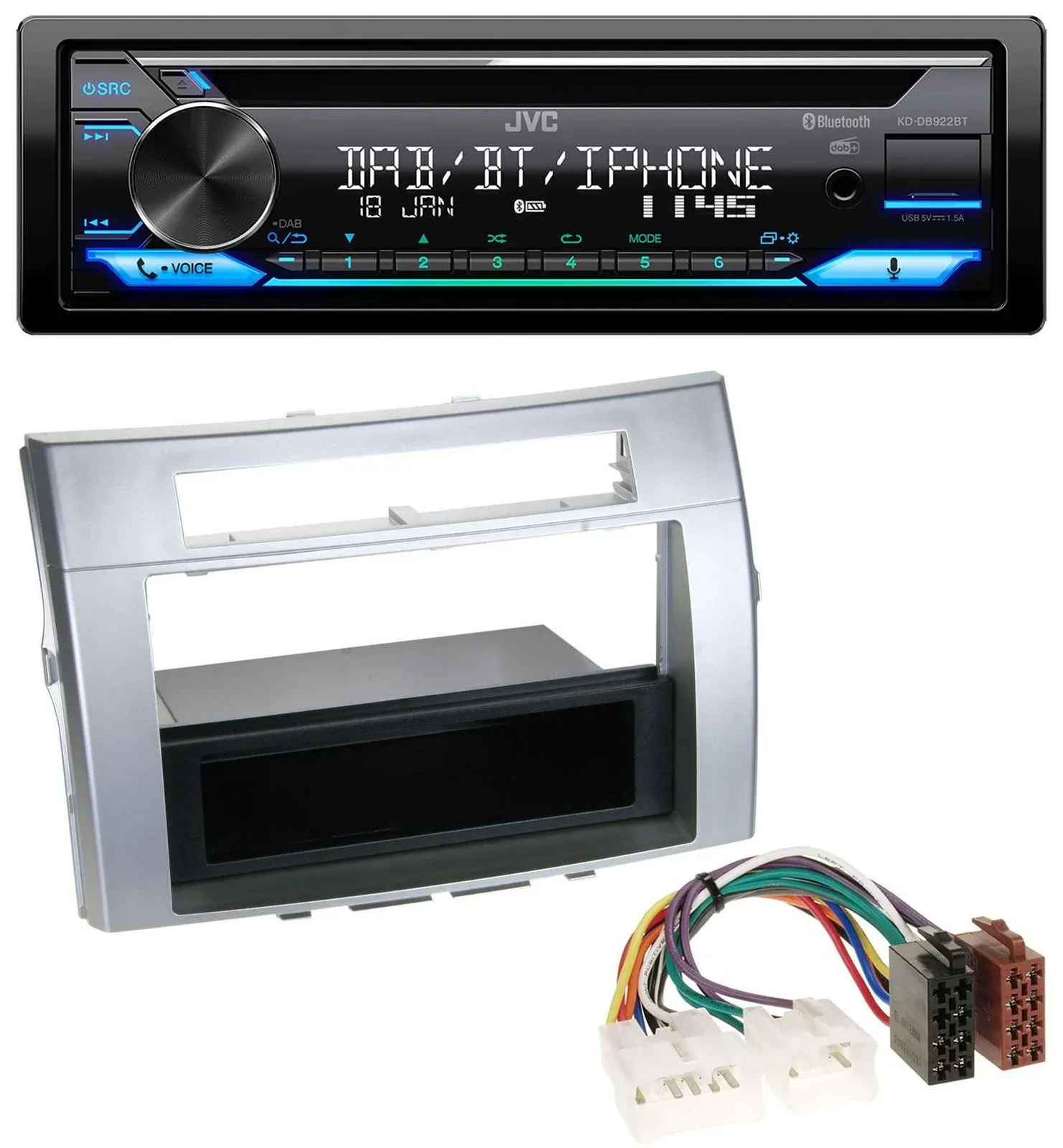 JVC Bluetooth MP3 USB DAB CD Autoradio für Toyota Corolla Verso 2004-2009 silber