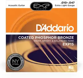 Струны для акустической гитары D'Addario EXP15 10-47, бронза фосфорная с покрытием EXP