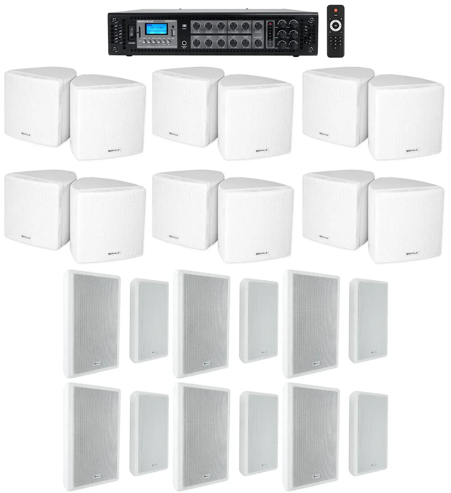 Трансляционный усилитель Rockville RCS180-6+(6) Cube 70v White+(6) Rockslim с комплектом акустики