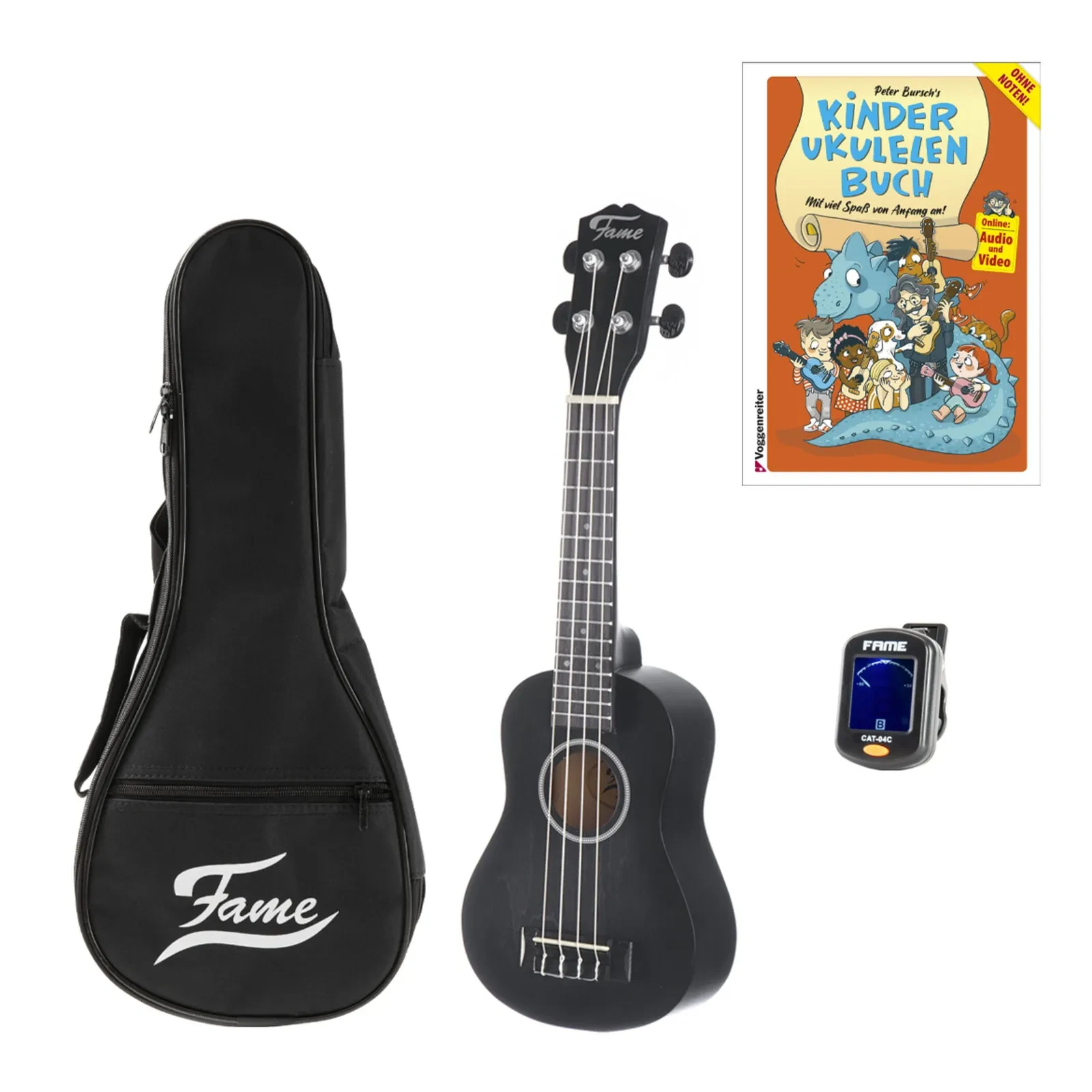 Fame Deluxe Sopran Ukulele Set, Schwarz Matt, Kinderbuch, Clip-on Tuner, Gigbag