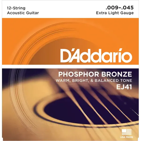 Струны для 12-струнной акустической гитары D'Addario EJ41 9-45, бронза фосфорная