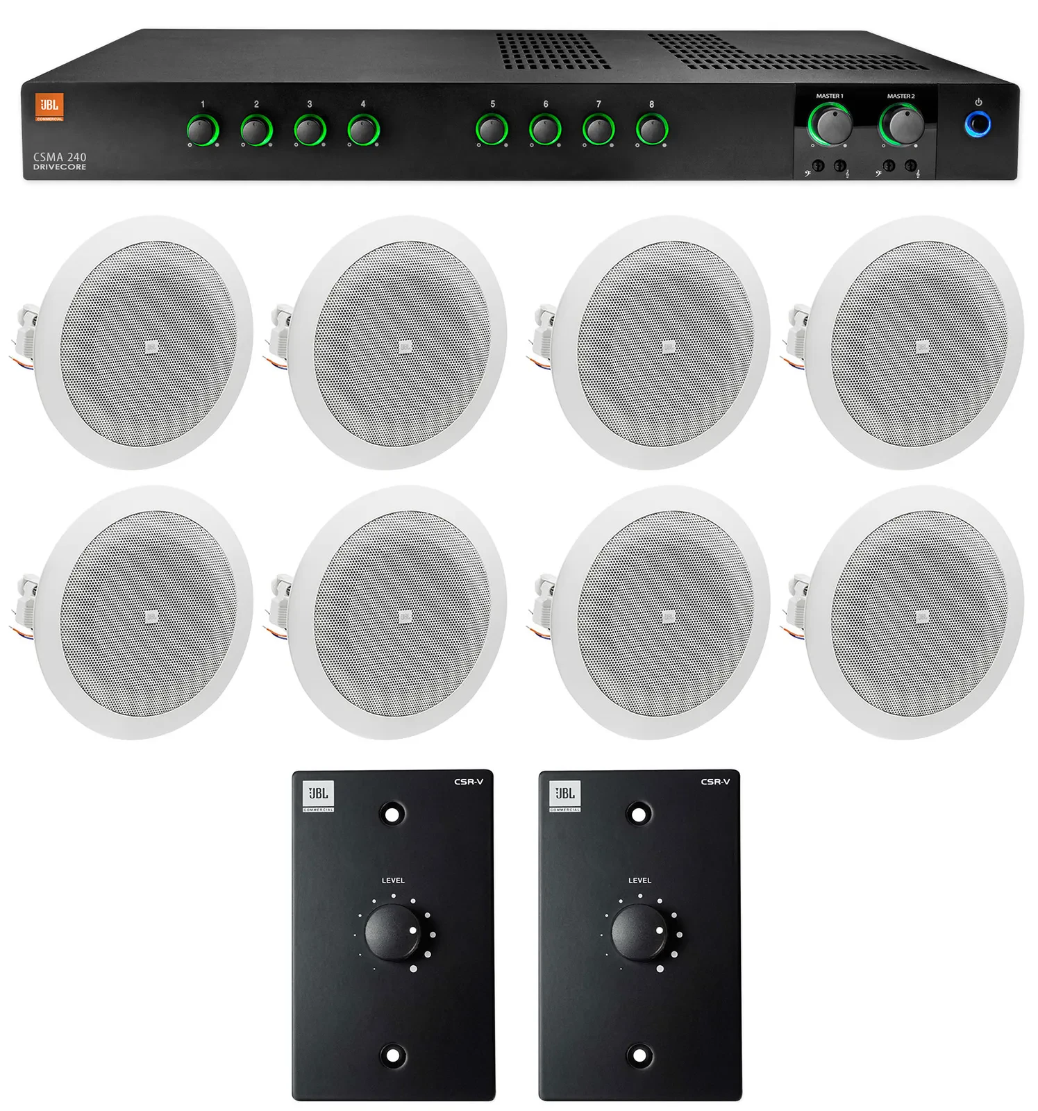 JBL CSMA240 Commercial Amplifier+(8) 4" In-Ceiling Speakers+(2) Wall Controllers
