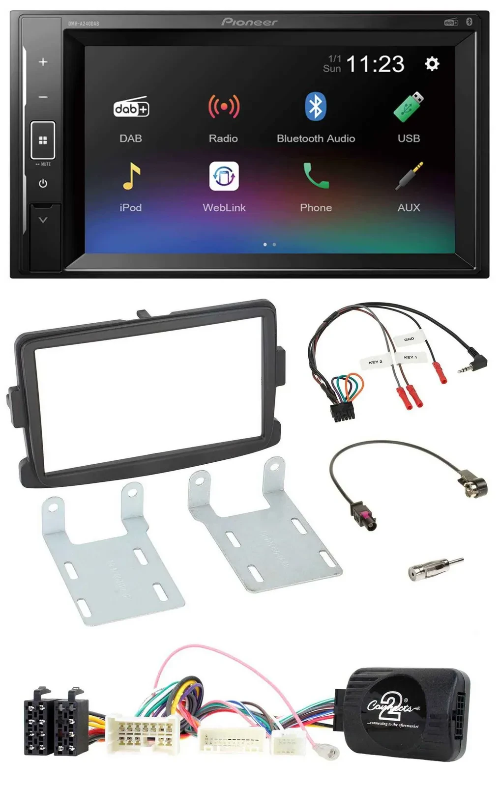 Pioneer DAB Lenkrad 2DIN Bluetooth USB Autoradio für Dacia Sandero ab 2013 schwa