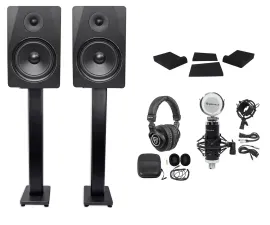 (2) Rockville DPM8B 8" 600w Dual Active Studio Monitors+Stands+Headphones+Mic