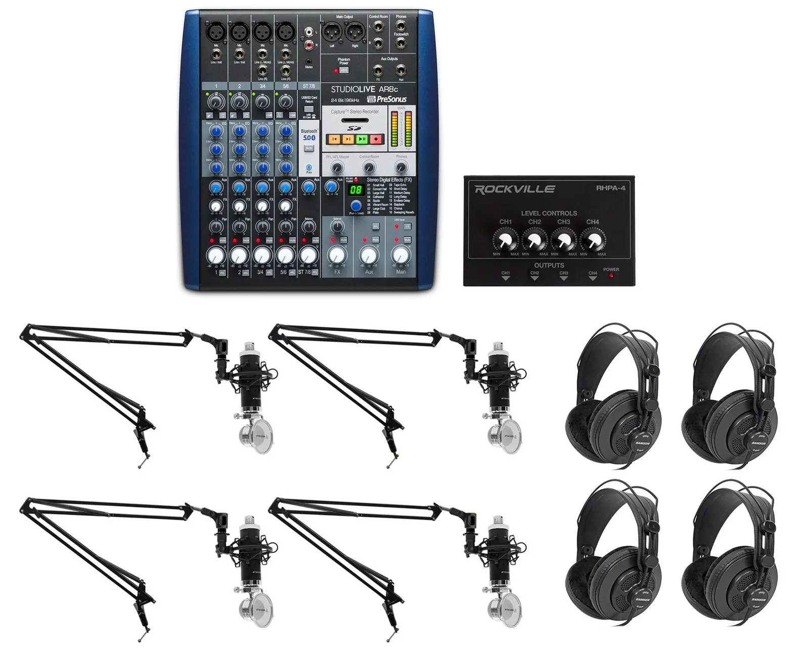 Presonus AR8 Podcast Studio Bundle w/(4) Mics+Cables+Samson Headphones+Boom Arms