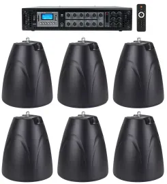 Rockville 6-Zone Commercial Amp+6 Black Pendant Speakers For Restaurant/Bar/Cafe