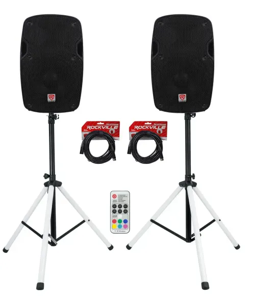 (2) Rockville SPG84 8" Passive 400w DJ PA Speakers+Stands w/LED's+Remote+Cables