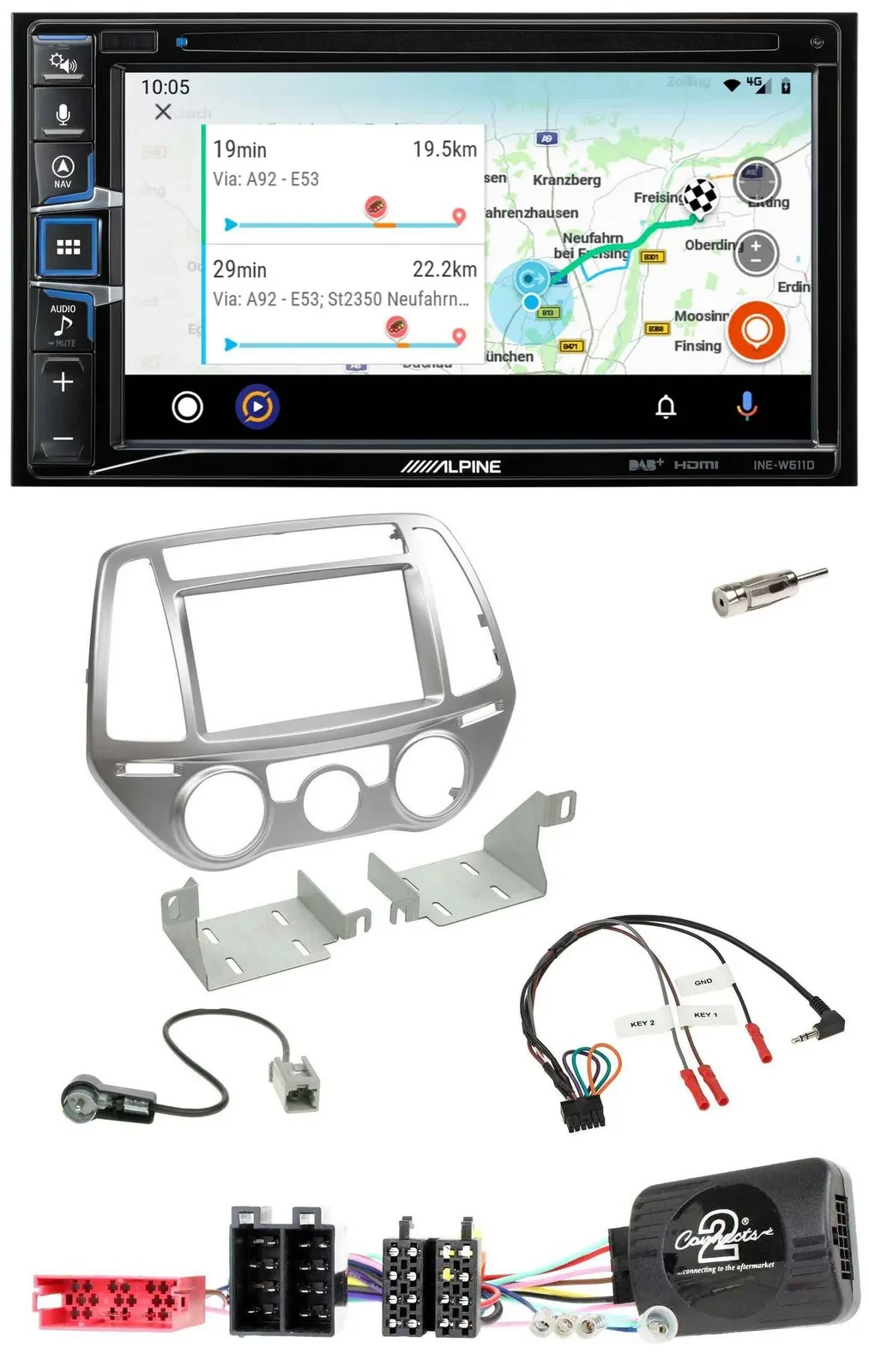 Автомагнитола Alpine 2DIN, Bluetooth, DAB, USB, навигация, поддержка кнопок на руле, для Hyundai i20 (2012–2014)