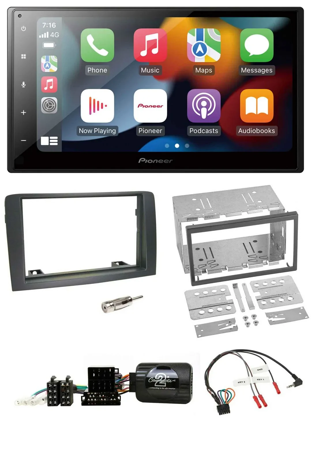 Автомагнитола Pioneer 2DIN DAB, Bluetooth, USB для Fiat Idea (2006–2012), серый, поддержка кнопок на руле