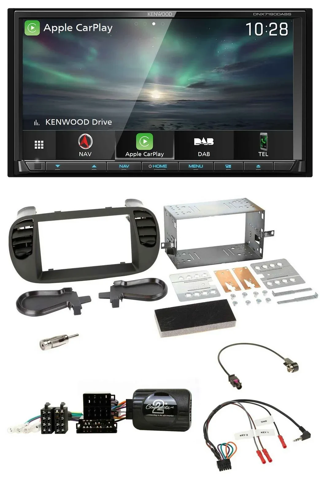 Kenwood Bluetooth USB 2DIN Lenkrad TMC DAB Navigation für Fiat 500 08-15 soft to