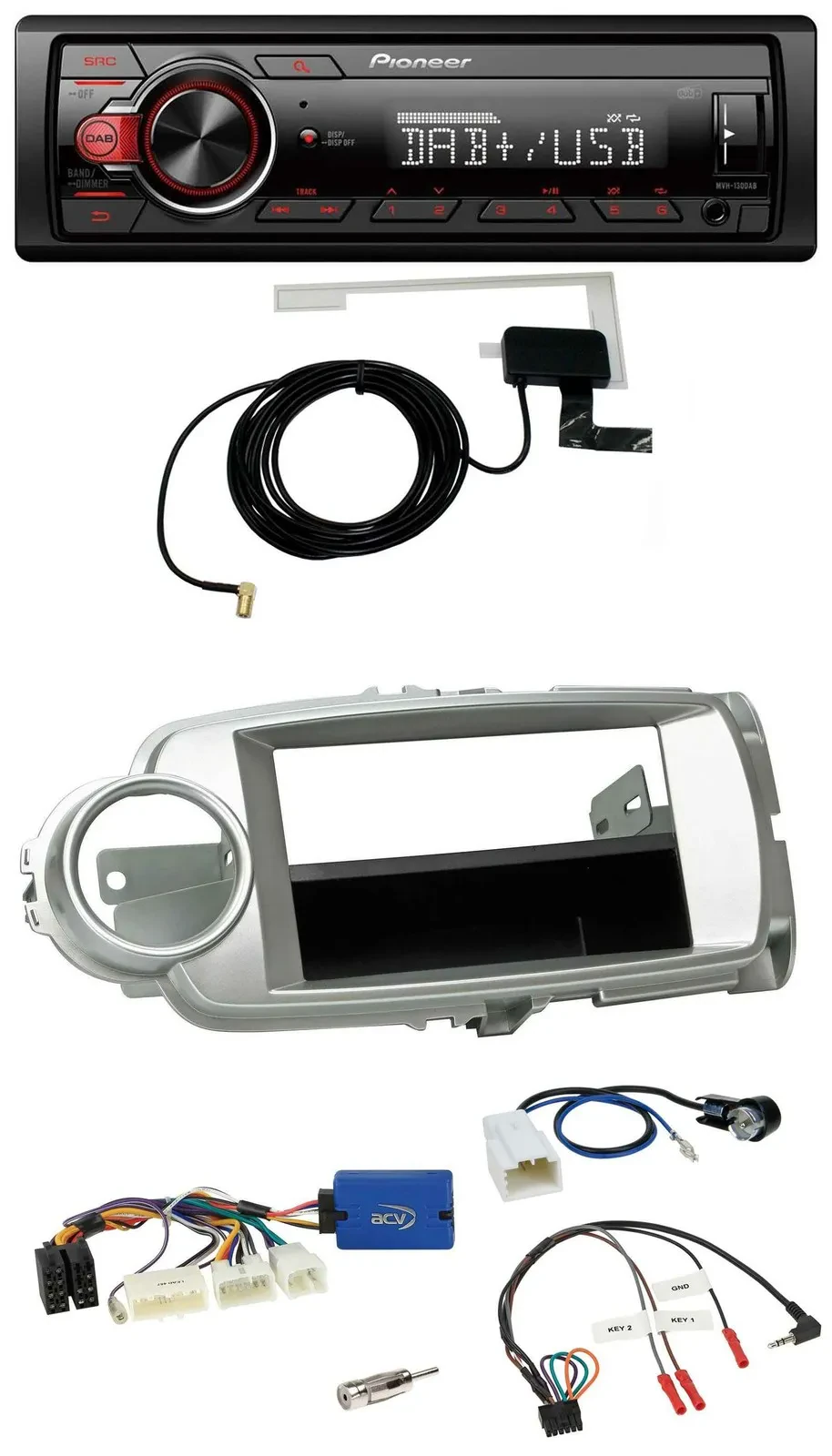 Автомагнитола Pioneer 1DIN MP3 DAB USB для Toyota Yaris 2011–2014 серебристая с поддержкой управления на руле