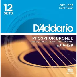 Струны для акустической гитары D'Addario EJ16-12P Phosphor Bronze Light 12-53 (12 упаковок)