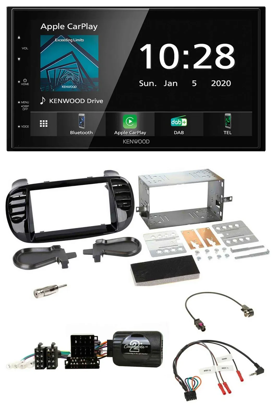 Kenwood Bluetooth Lenkrad DAB USB 2DIN Autoradio für Fiat 500 Fakra 08-15 schwar