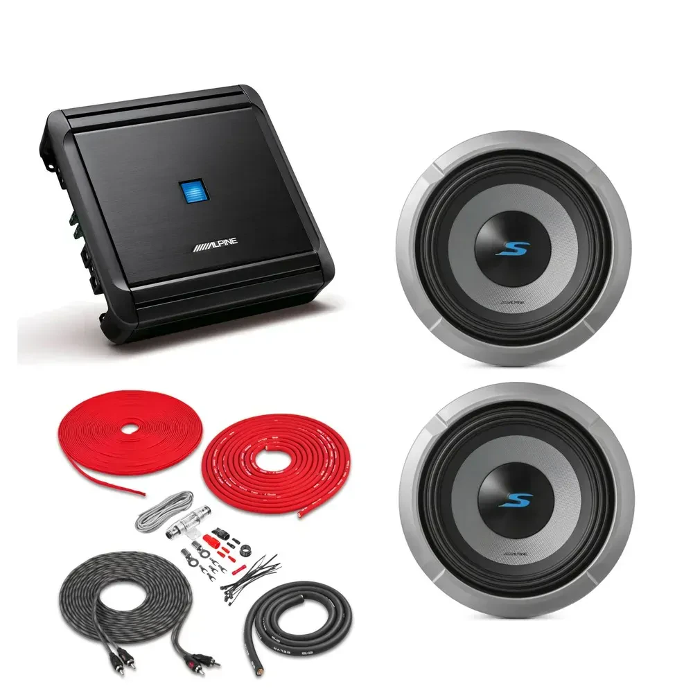 Сабвуфер пассивный для авто Alpine S2-W8D2 8" 300W RMS, двойная катушка 2 Ω (набор, пара) + усилитель и комплект проводов