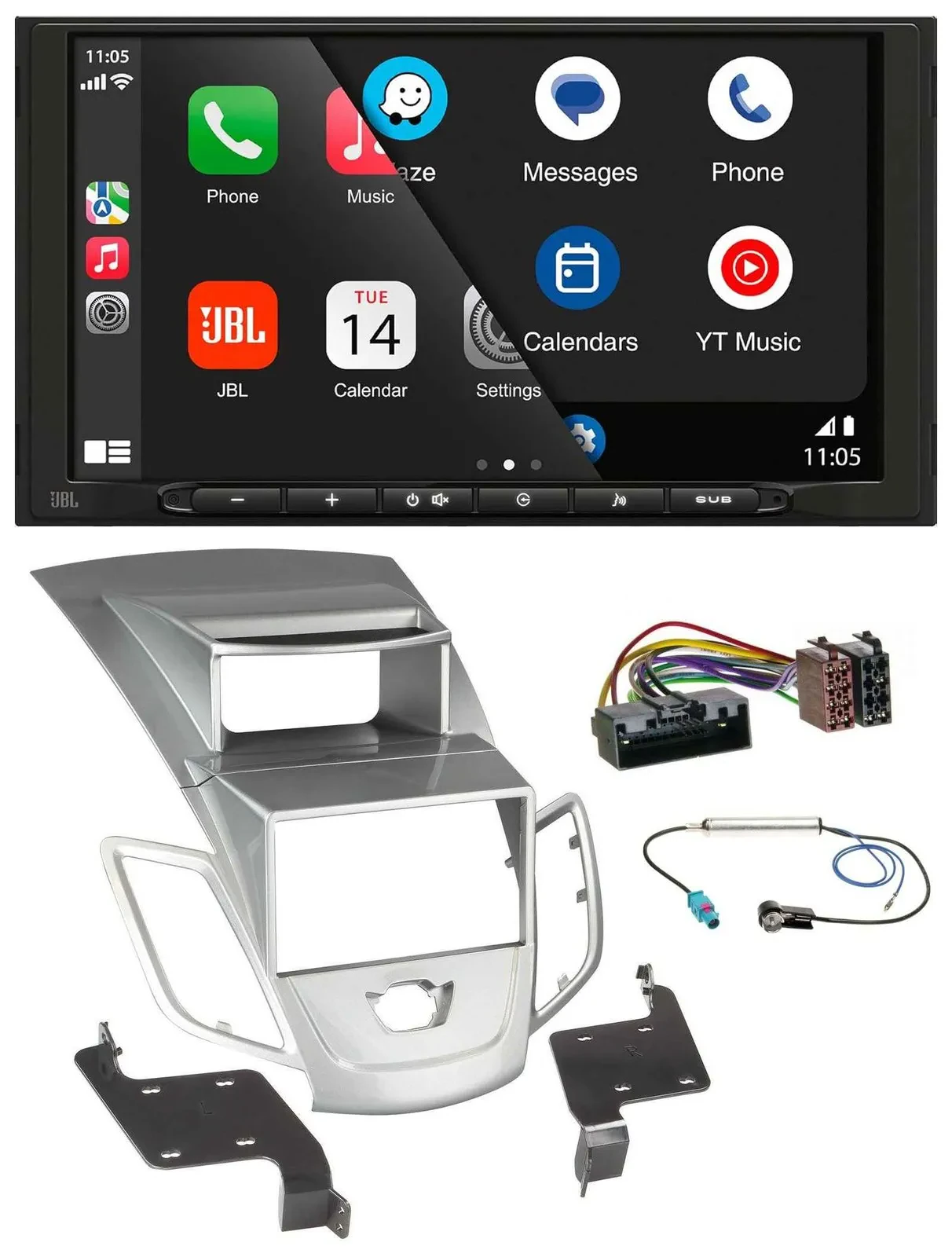 Автомагнитола JBL 2 DIN Bluetooth, DAB, USB для Ford Fiesta 2010–2017, серебристая