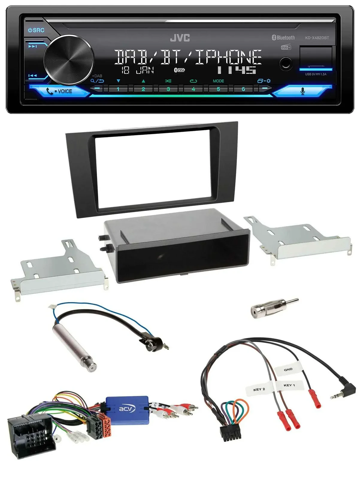 Автомагнитола JVC Bluetooth, DAB, USB, совместима с управлением на руле для Audi A4 (2000–2001)