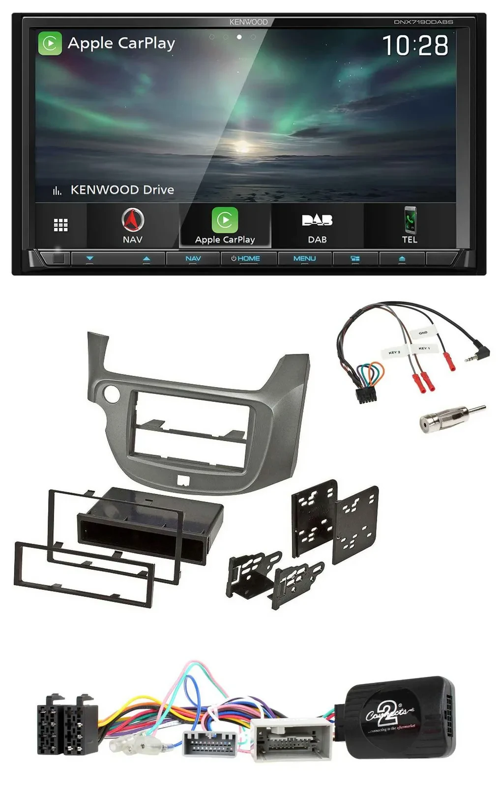 Kenwood Bluetooth USB 2DIN Lenkrad TMC DAB Navigation für Honda Jazz ab 2014 sil