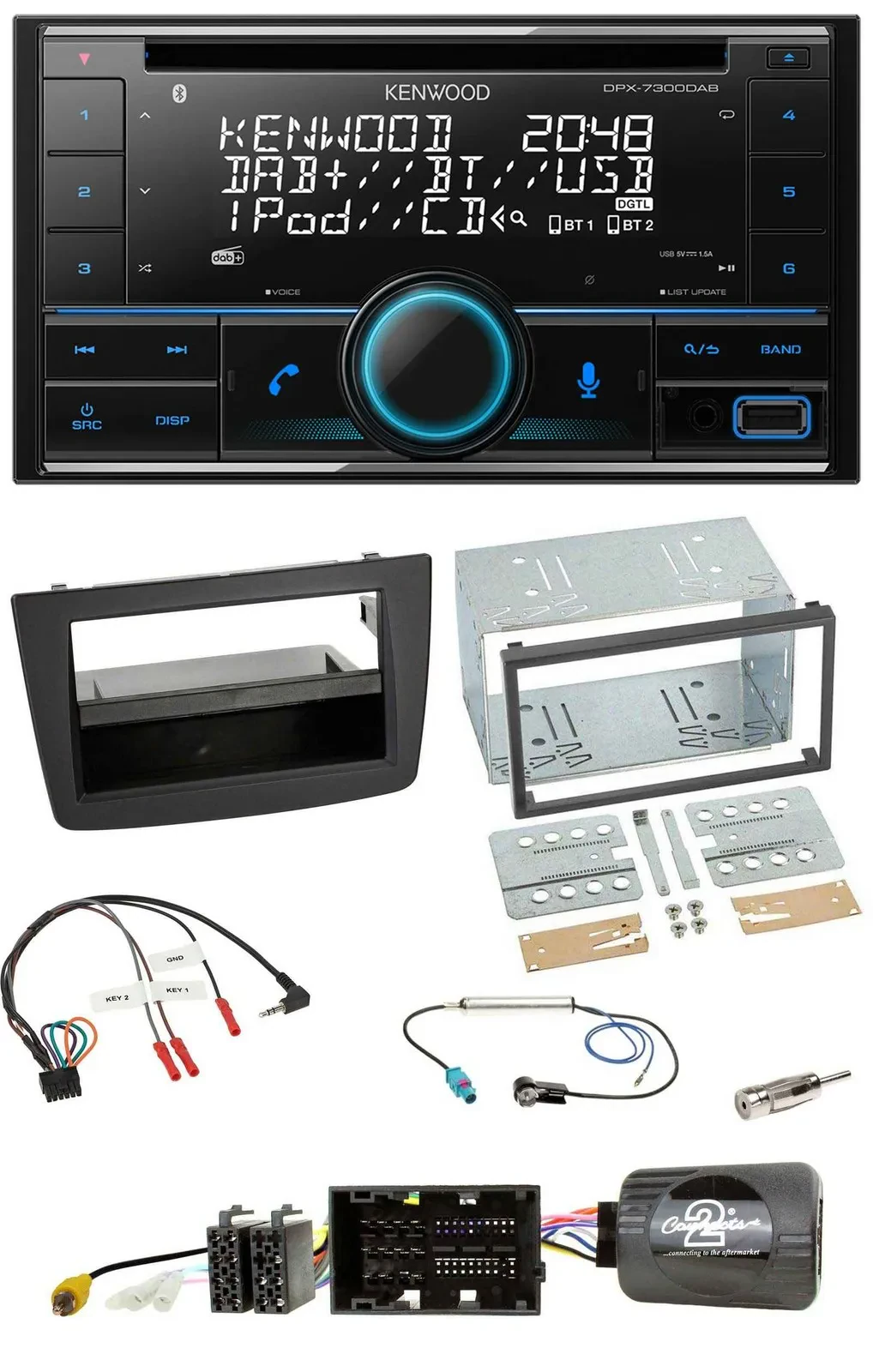 Автомагнитола для Alfa Romeo MiTo 2014–2018 Kenwood 2DIN CD DAB USB Bluetooth, черный, с управлением с руля