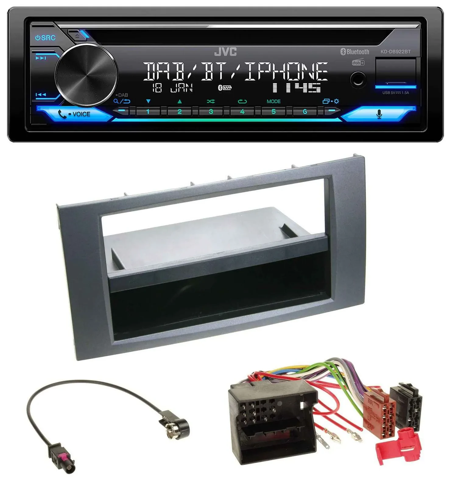 JVC Bluetooth MP3 USB DAB CD Autoradio für Ford Fiesta Focus 04-08 anthrazit