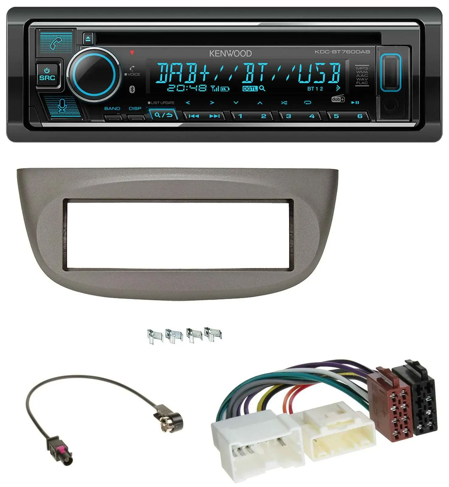 Автомагнитола для Renault Twingo (с 2012) Kenwood MP3 Bluetooth DAB USB CD, бежево-серая