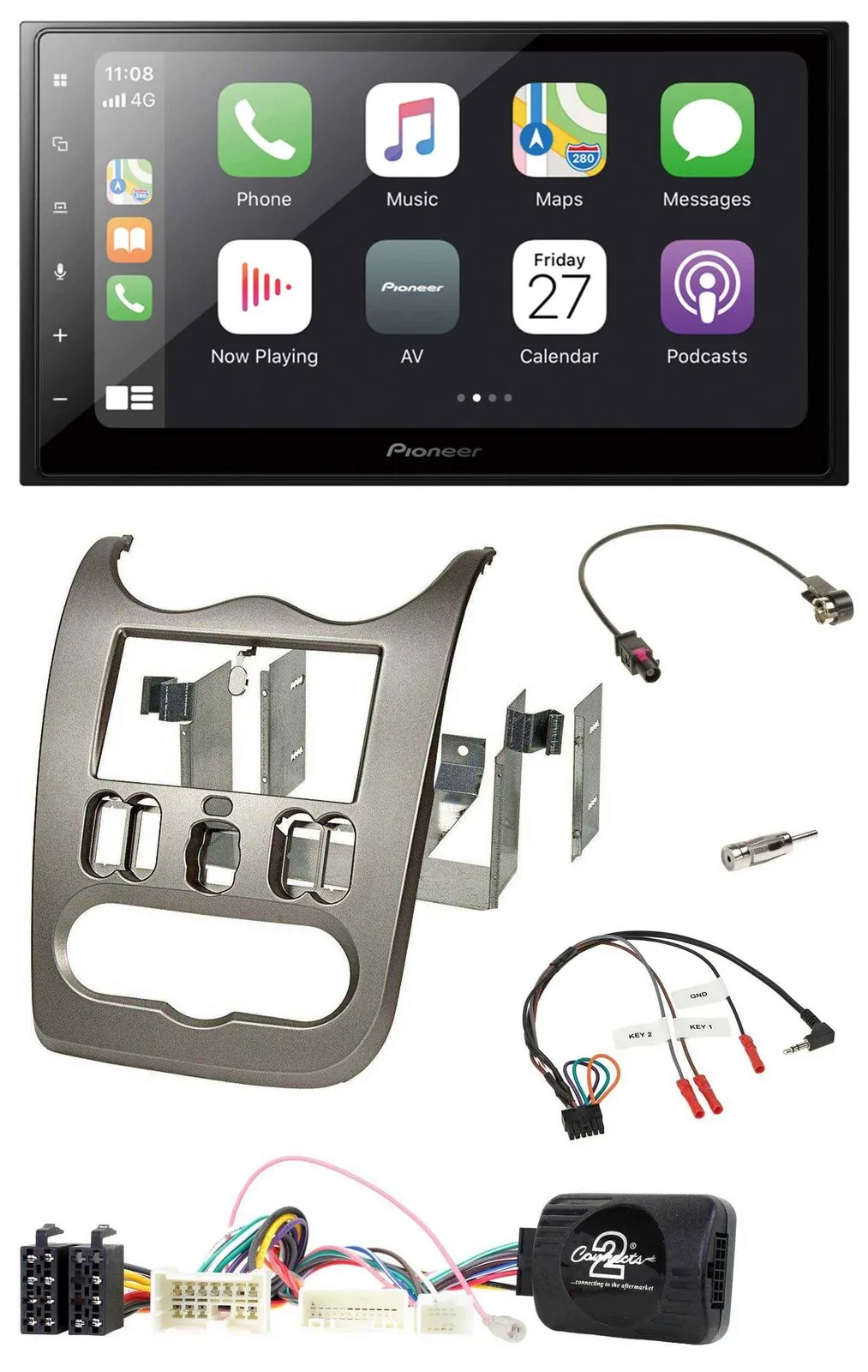 Pioneer Lenkrad Bluetooth DAB 2DIN USB Autoradio für Dacia ab 2012 dunkelsilber