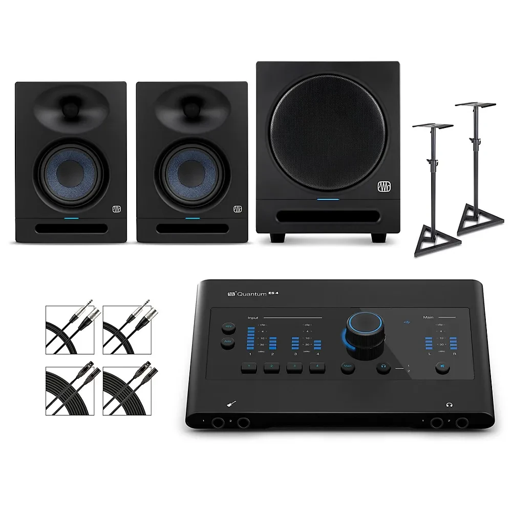 Комплект для подкастов PreSonus Quantum ES4 + Eris 2nd Gen (пара) + SUB8BT (набор, с кабелями и стойками)